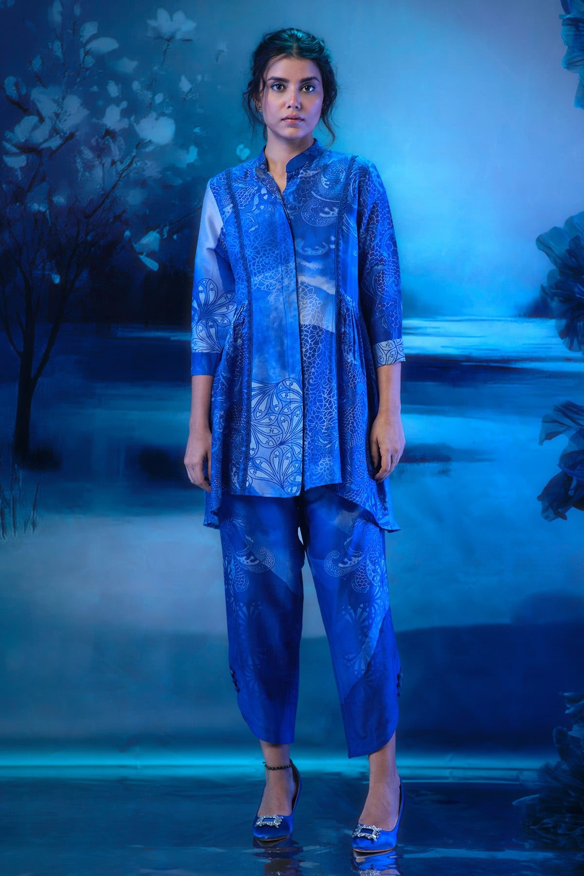 Buy Blue Chanderi Printed Co-ord Set by Mandira Wirk for women online at ScrollnShops